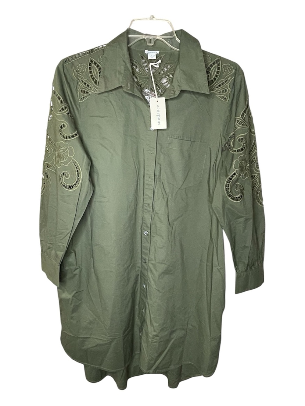 Sundance Olive Green Embroidered Cutout Button-Up Shirt Dress NWT Sz L - Picture 2 of 5